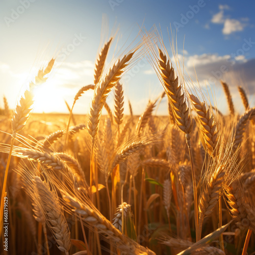 Fondo natural con detalle y textura de espigas de trigo dorado con cielo azul photo