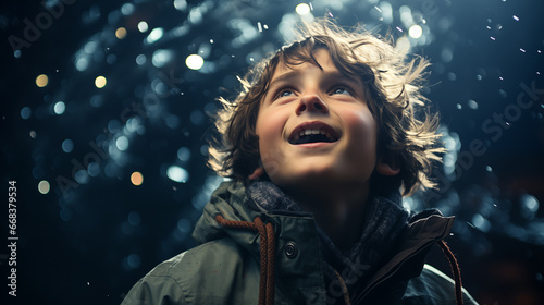 A boy with his head raised looks at the sky during the cold winter night, dressed in a woolen coat and an olive green jacket to protect himself from the snow, joyful Christmas celebration