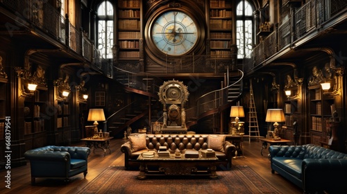 a majestic library with a grand  antique clock set amidst towering bookshelves  evoking an ambiance of intellectual allure