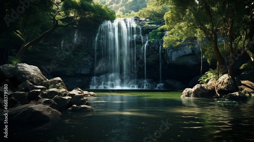 A majestic waterfall cascading into a crystal-clear pool in the heart of the forest. © Muslim