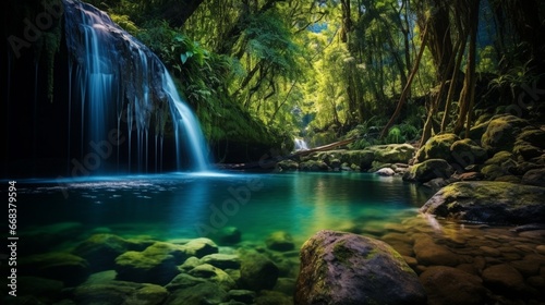 A majestic waterfall cascading into a crystal-clear pool in the heart of the forest.