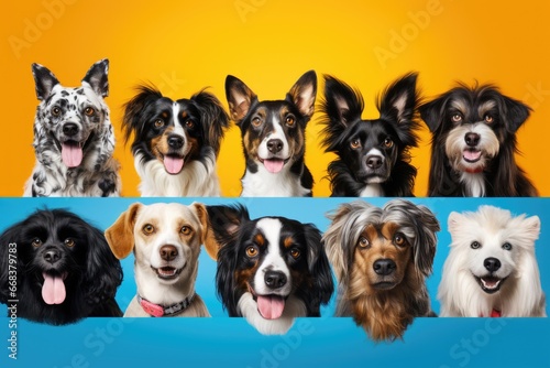 Collage of different dog breeds on a yellow and blue background © foto.katarinka