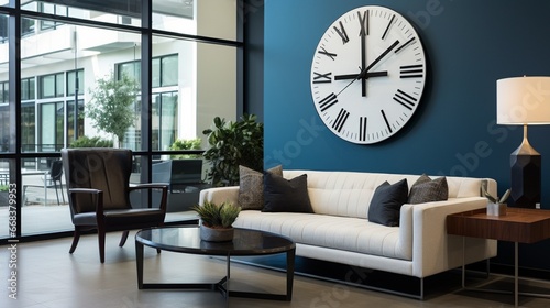 a modern office space with a large, sleek wall clock serving as a sophisticated statement piece amidst contemporary decor