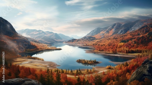 a pristine lake nestled in a valley, with the surrounding hillsides painted in a spectrum of autumn colors