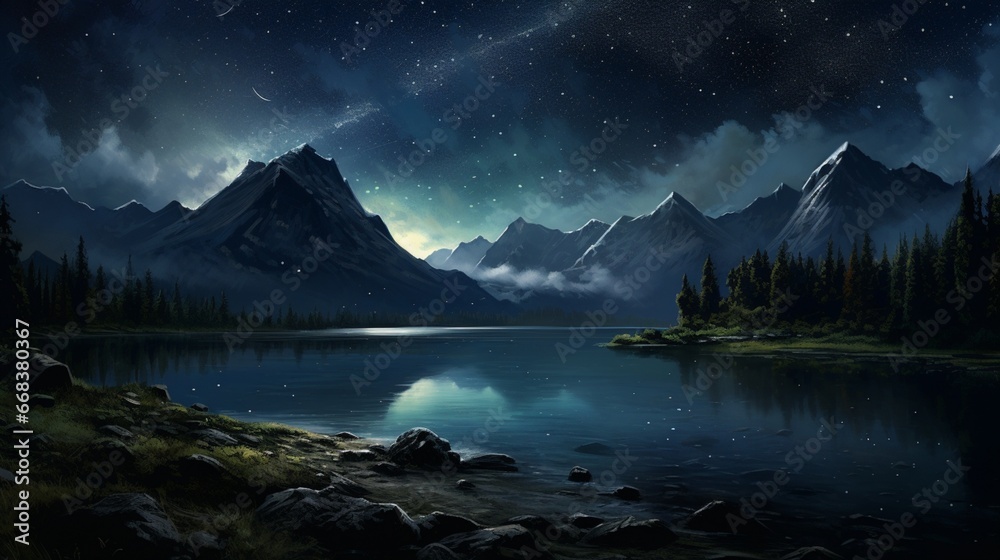 a remote mountain lake with a canopy of stars overhead, creating a mesmerizing night scene