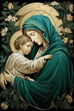 Bas-relief, image of the Virgin Mary holding baby Jesus. Ai generative