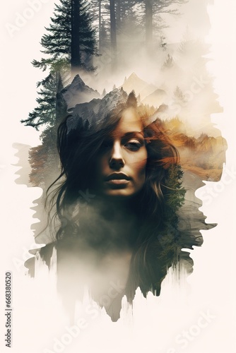 A double exposure of a person with a forest, in the style of shadowy stillness over high contrast serene faces. Ai generative
