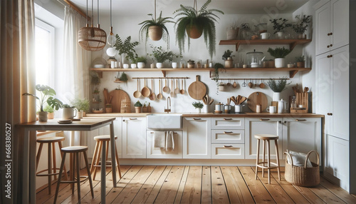 Moderne Küche im skandinavischen Stil mit weißen Schränken, Holzakzenten und hängenden Pflanzen © Edwin