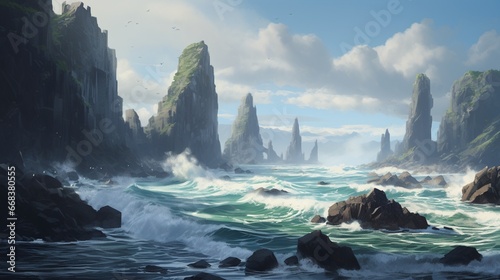 A rugged coastline with waves crashing against weathered cliffs and sea stacks.
