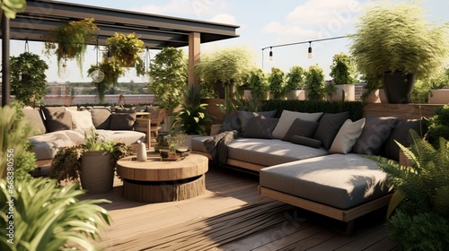 a rooftop garden with a chic outdoor sofa  providing a lush escape from the urban hustle and bustle