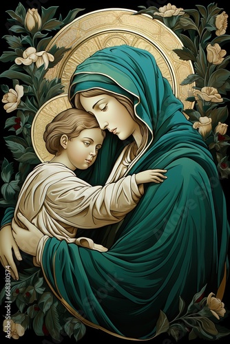 Bas-relief, image of the Virgin Mary holding baby Jesus. Ai generative