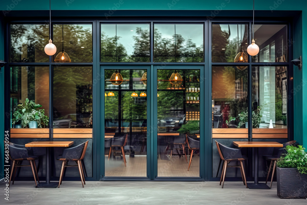Modern cafe exterior with glass windows, showcasing interior through glass and outdoor seating. - obrazy, fototapety, plakaty 