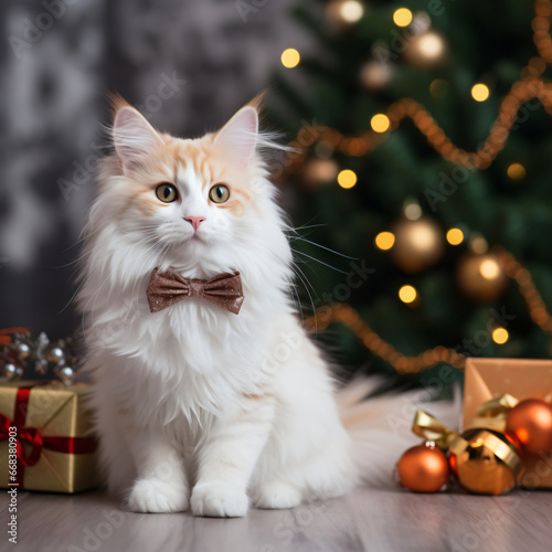 Fluffy cat with a bow sitting by the gifts on the background of a Christmas tree