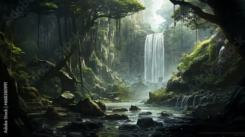 A secluded waterfall hidden within a dense and ancient forest.