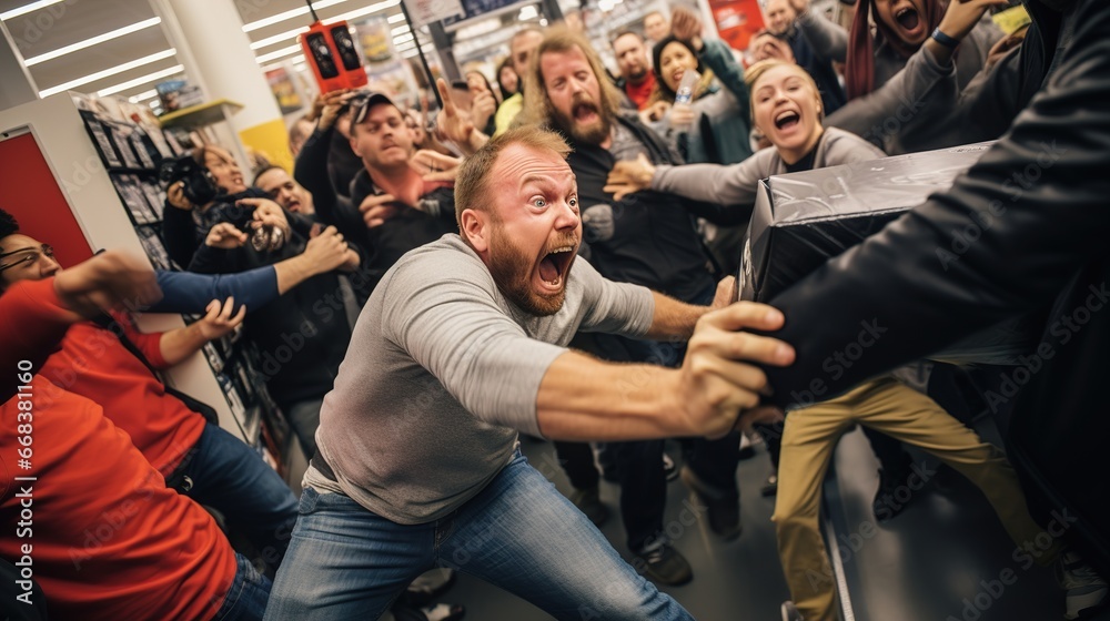 Fighting and scuffles in the store during Black Friday. Ai generative