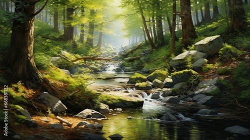 A serene forest glade  dappled in sunlight  with a babbling brook.