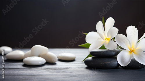 Spa stones and frangipani flowers on black wooden background