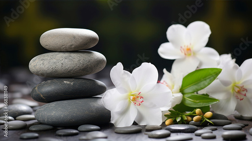 zen basalt stones and white flower on black background  spa concept