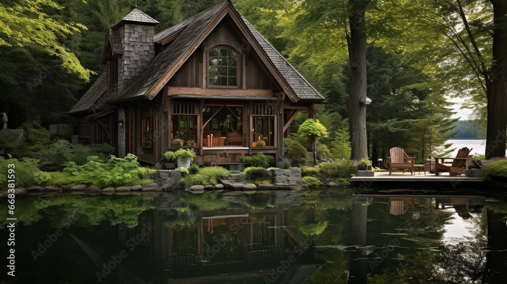 a serene lakeside retreat with a rustic cabin adorned with a vintage cuckoo clock, resonating with a sense of tranquil simplicity