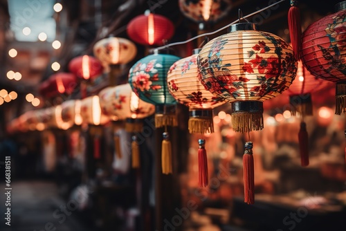 Chinese New Year. Chinese lanterns illuminate the streets. Ai generative. photo