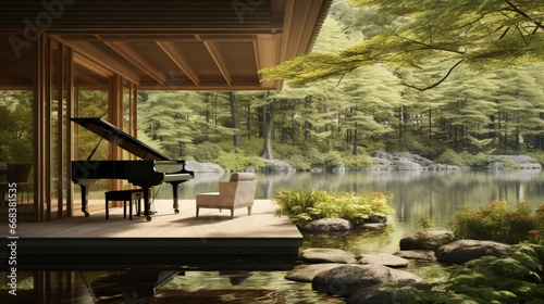 a serene lakeside pavilion with an open piano inviting musicians to play melodies that resonate across the tranquil waters  harmonizing with nature