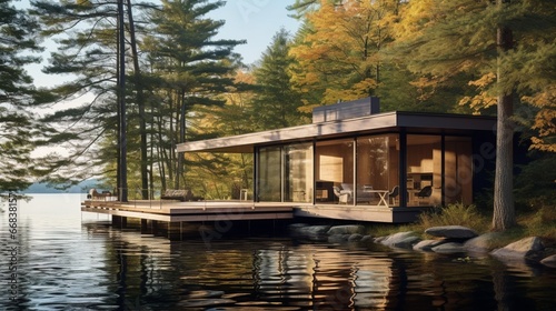 a serene lakeside retreat with a contemporary aluminum-clad cabin, harmonizing modern architecture with the beauty of natural surroundings