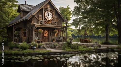 a serene lakeside retreat with a rustic cabin adorned with a vintage cuckoo clock, resonating with a sense of tranquil simplicity