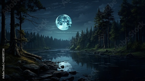 A serene, moonlit forest on a tranquil lakeshore