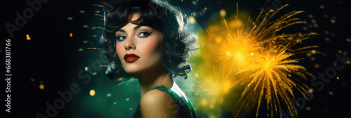 Happy New Year Party Background with woman and firework in vintage retro style