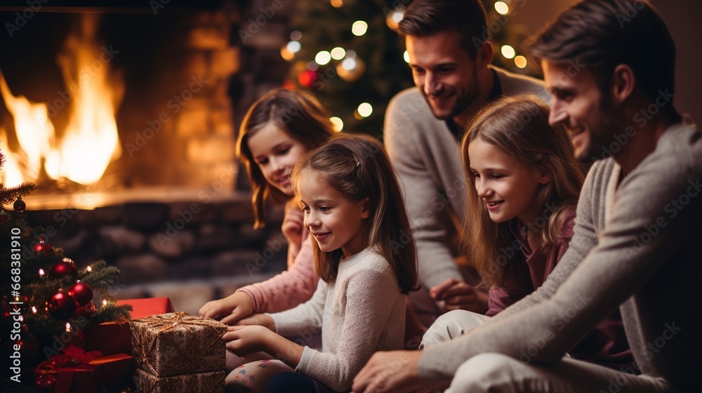 Happy family opening gifts for Christmas in living room. Generative ai Happy family opening gifts for Christmas in living room. Generative ai