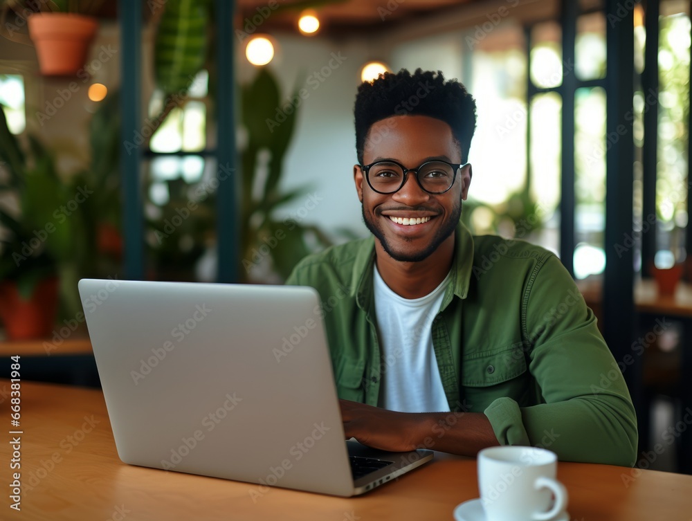 man working on laptop in cafe man working on laptop in cafe