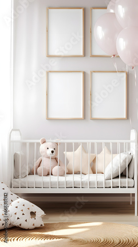 Mock up frame in unisex children room interior background, 3D render