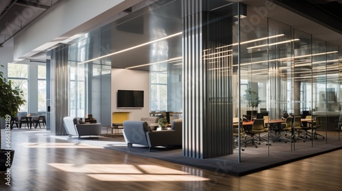 a sleek office space with aluminum-clad columns and accents, where contemporary design meets corporate professionalism