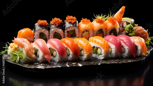 A stylishly presented sushi platter, featuring a variety of fresh rolls.