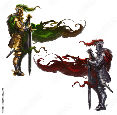 Medieval set knight gold with long sword realistic isolated. Knight in a long red cloak and medieval armor and with a long sword.