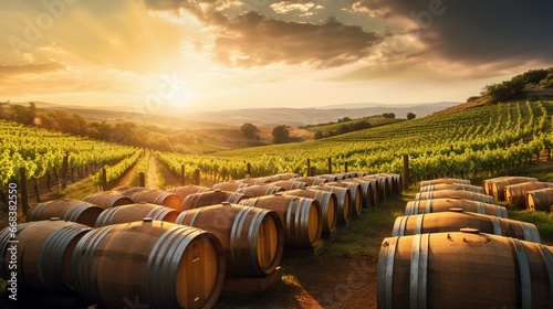 a sun-kissed vineyard with wooden wine barrels lining the rows, symbolizing the craftsmanship and tradition of winemaking