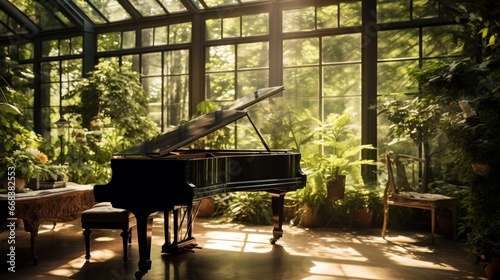 a sunlit conservatory with a baby grand piano surrounded by lush greenery, creating a harmonious connection between music and nature photo