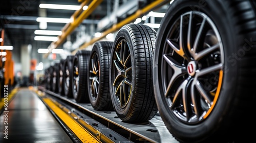 High rack with customer tires in warehouse of a tire dealer. Ai generative