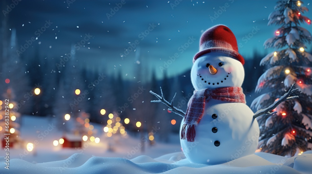 Charming snowy village scene with houses covered in twinkling lights and snowmen standing tall. Ai generative