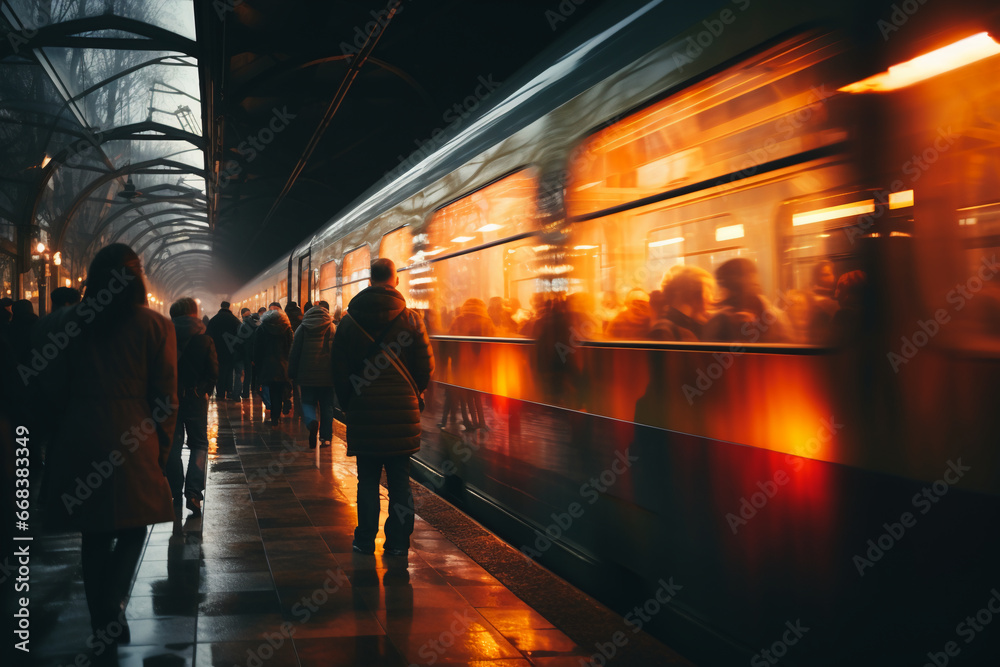 busy subway, motion blur on train and people moving. AI generative - obrazy, fototapety, plakaty 