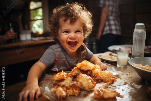 A happy kid making a mess while eating. Generative AI.