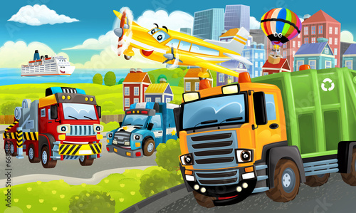 cartoon happy scene with different vehicles and dumper car illustration © honeyflavour