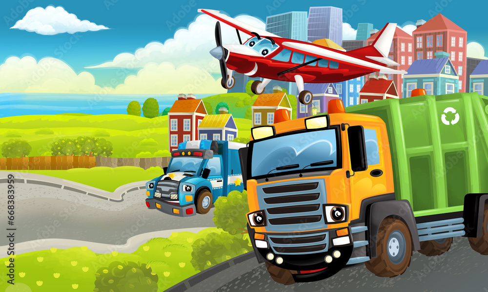 cartoon happy scene with different vehicles and dumper car illustration