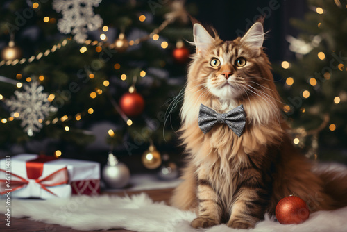 Maine coon cat against the backdrop of New Year's decorations with copy space