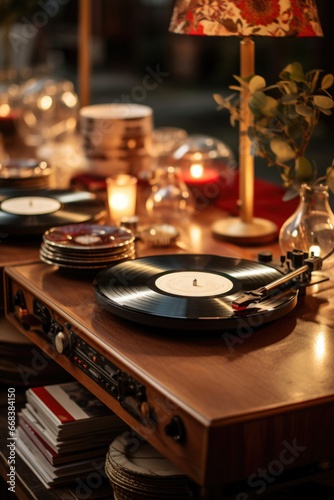 A record player is sitting on top of a wooden table. This image can be used to depict vintage music, retro decor, or a love for vinyl records