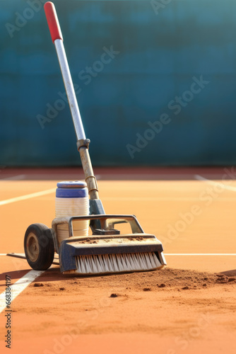 A broom and brush lying on a tennis court. Ideal for sports maintenance or cleaning equipment.