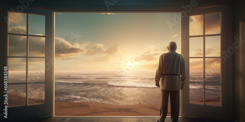 A man standing in front of a window, gazing at the vastness of the ocean. This picture can be used to portray contemplation, tranquility, and the beauty of nature