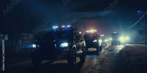 A group of police cars driving down a street at night. This image can be used to illustrate law enforcement, crime prevention, or emergency response photo