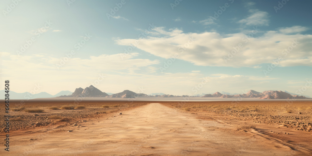 A photograph of a dirt road in the middle of a desert. Perfect for travel and adventure themes A photograph of a dirt road in the middle of a desert. Perfect for travel and adventure themes