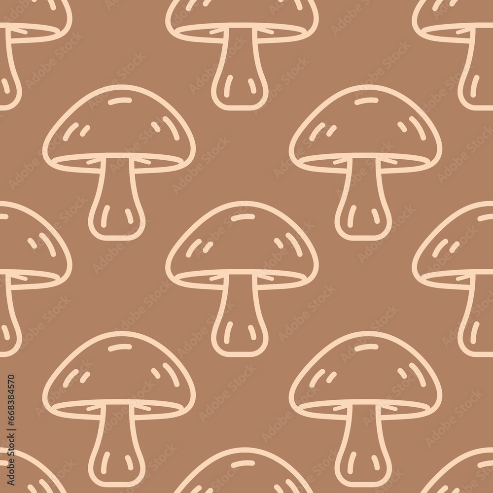 Seamless beige pattern with mushrooms. Autumn background. Perfect for fabric, textile. Creative background